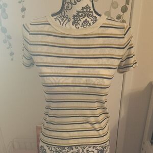 5 Tops  Cream and Black Striped Short Sleeve Tee